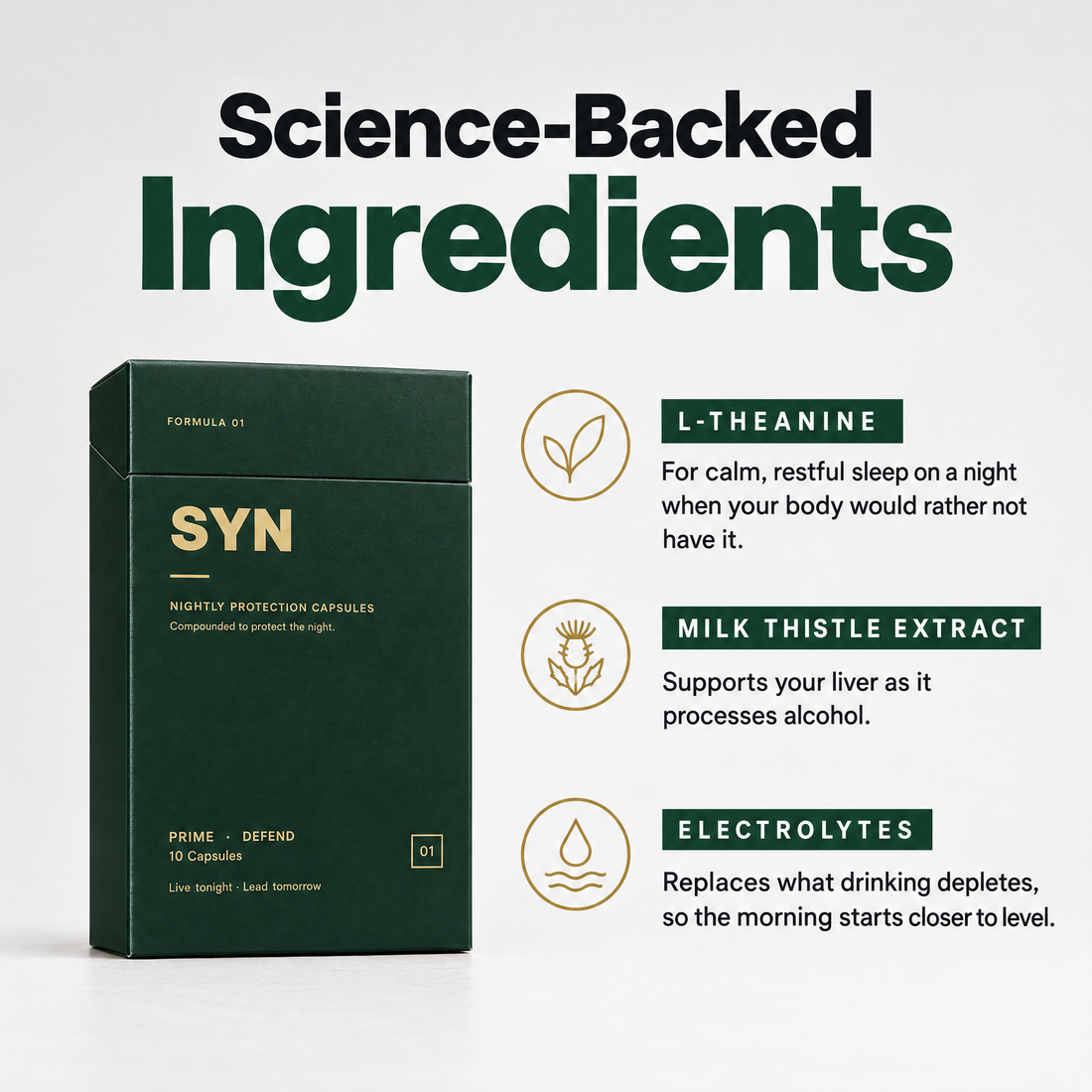 SYN box with key ingredients: L-theanine, milk thistle extract and electrolytes