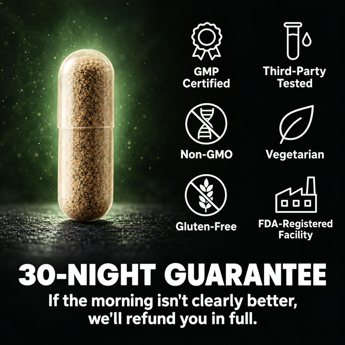 SYN capsule with quality badges and the money-back guarantee
