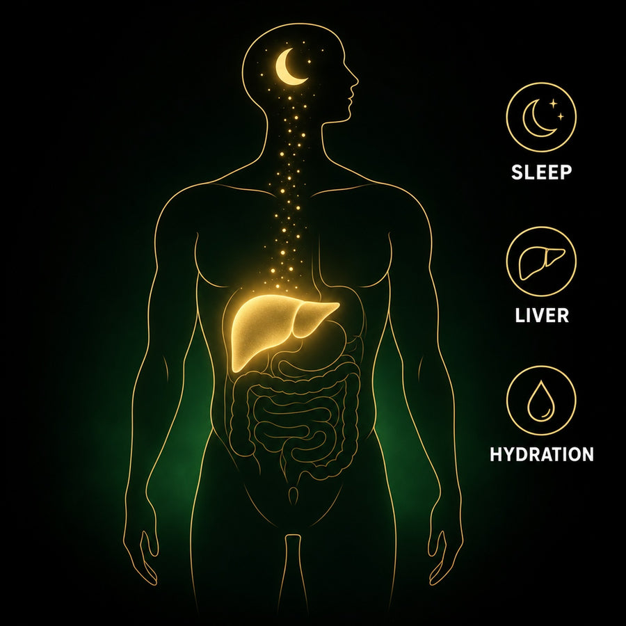 Where one capsule works: sleep, liver and hydration highlighted on a body outline