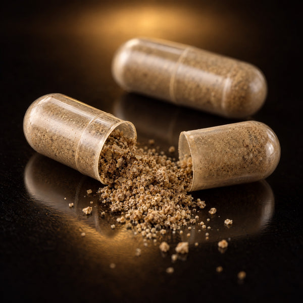 An opened SYN capsule with its powder spilled out beside a second capsule