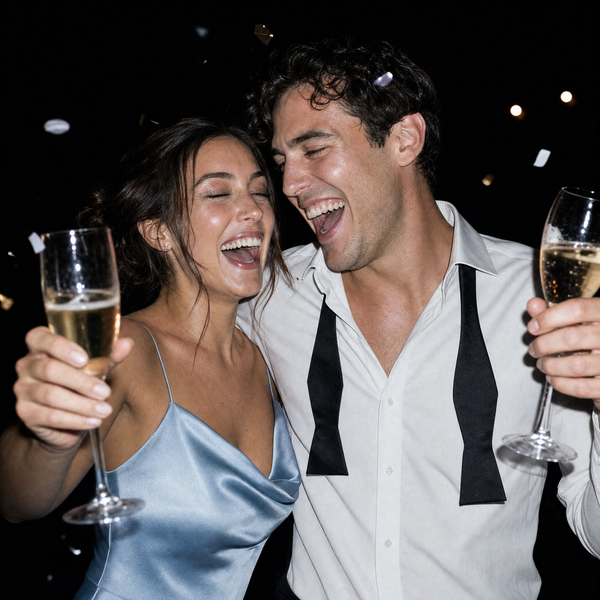 A couple laughing with champagne under falling confetti at a black-tie party