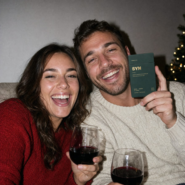 A couple on a sofa with red wine at Christmas, holding a box of SYN