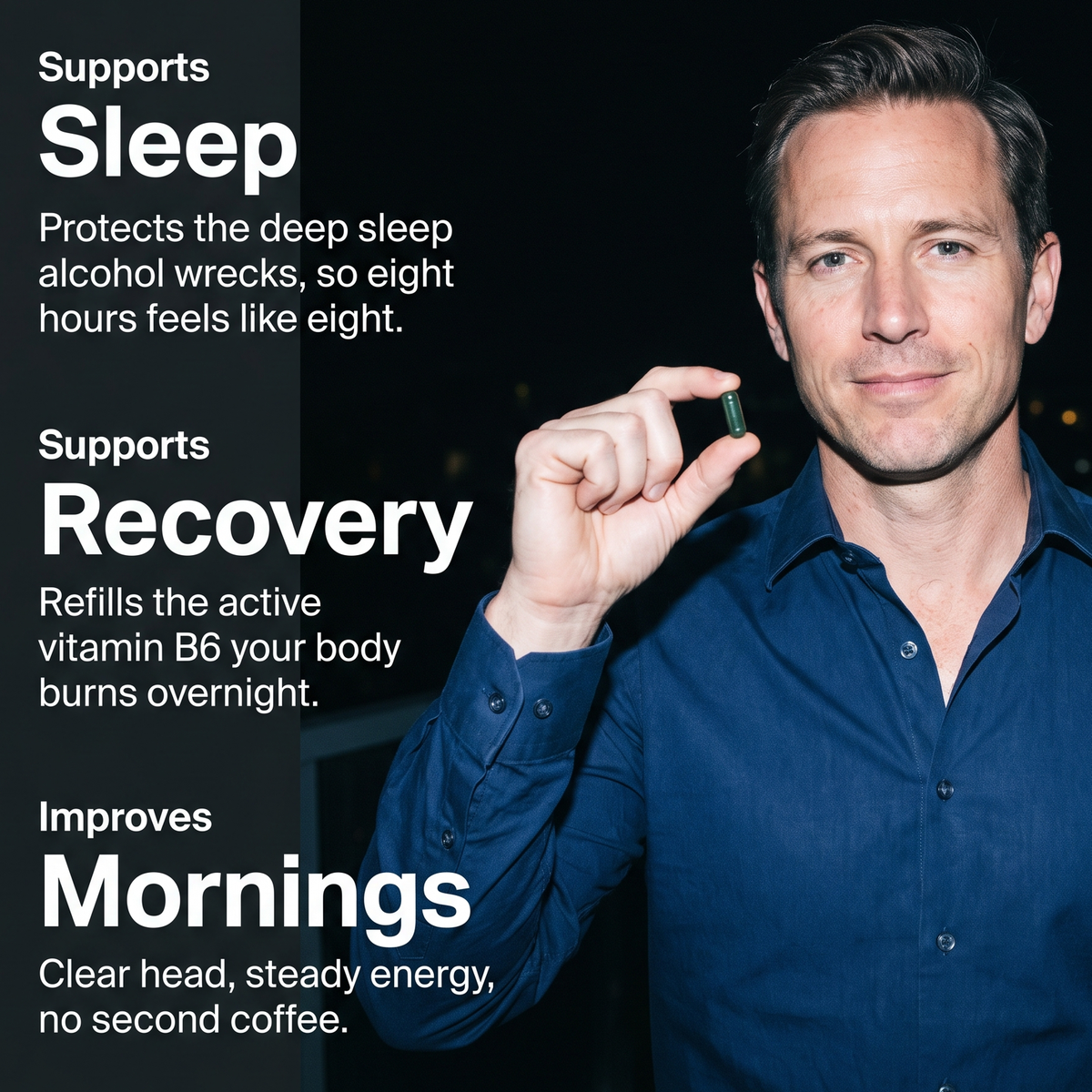 Man holding a SYN capsule, with notes on sleep, recovery and mornings