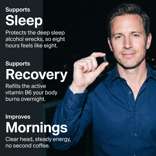 Man holding a SYN capsule, with notes on sleep, recovery and mornings