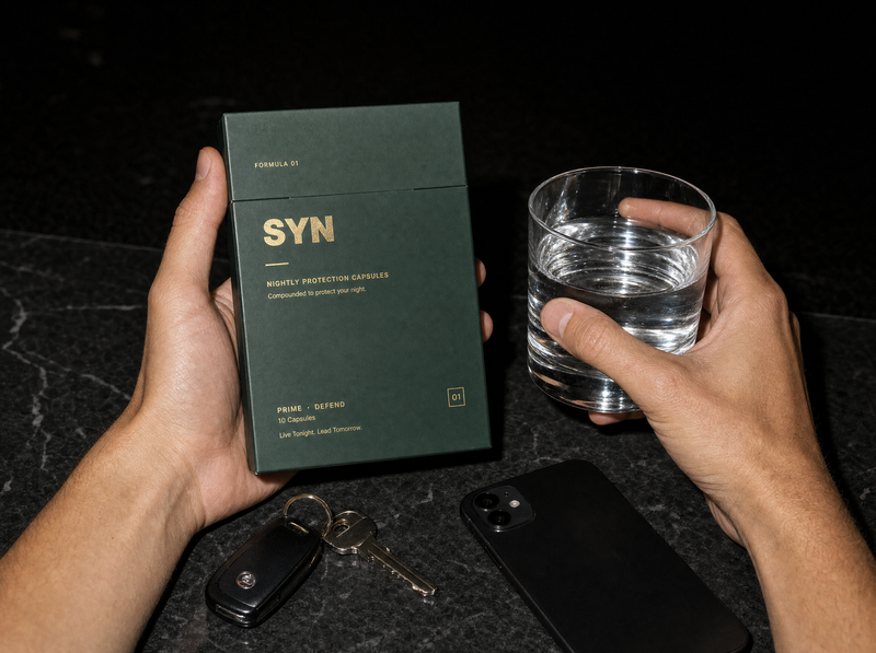 A box of SYN and a glass of water held over a counter, beside keys and a phone