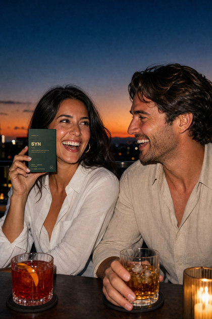 A couple laughing at a rooftop bar at dusk with cocktails and a box of SYN