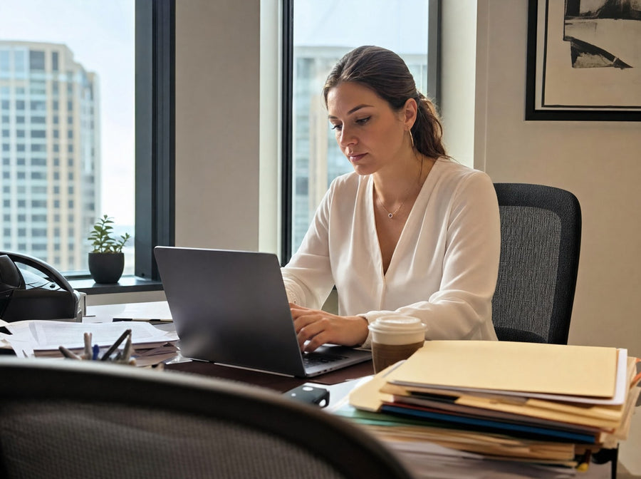 A lawyer working at her desk in the morning
