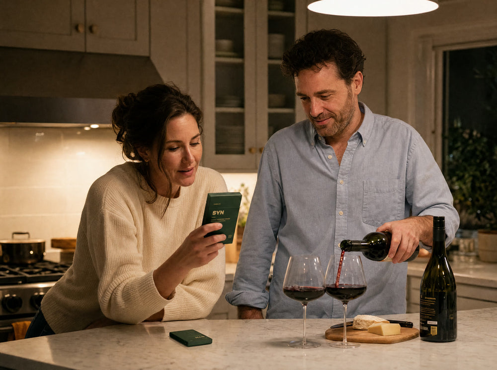 Reading the SYN pack in the kitchen while pouring wine