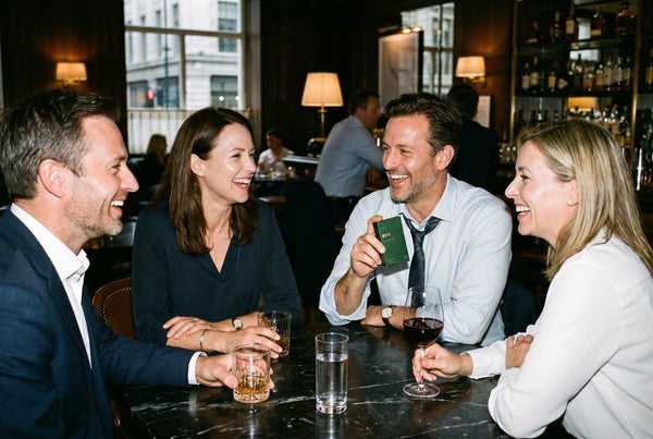 Colleagues at a client dinner, one holding a SYN box