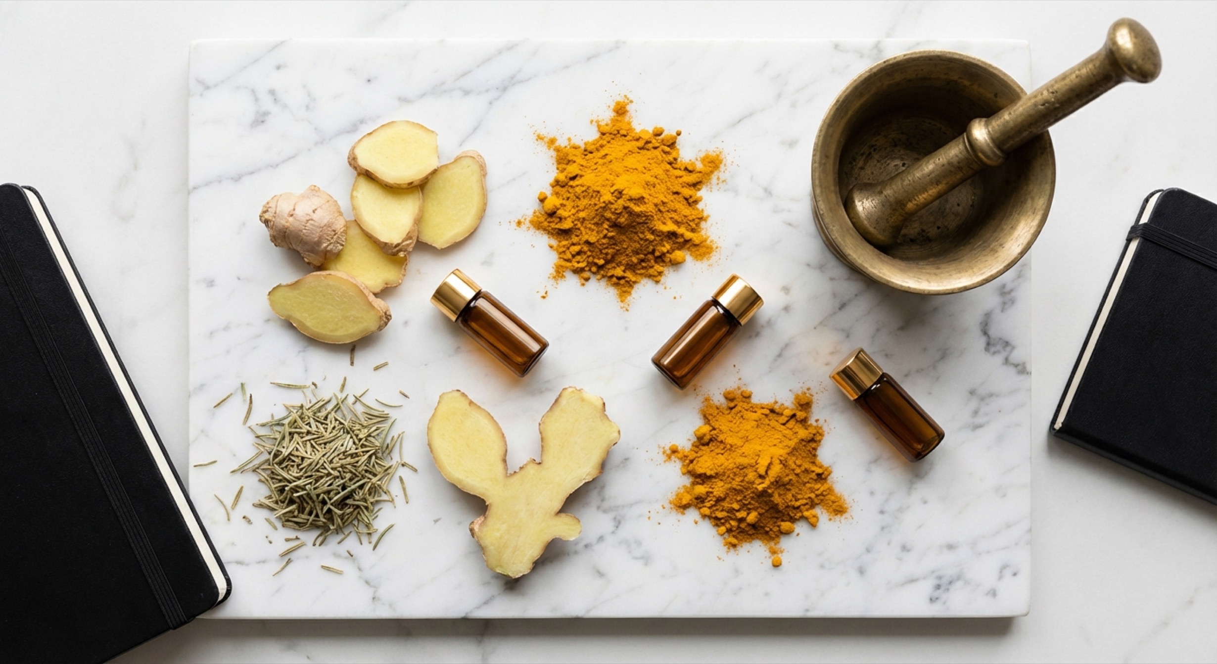 Raw botanical ingredients on cream marble — turmeric, ginger, herbs, glass vials